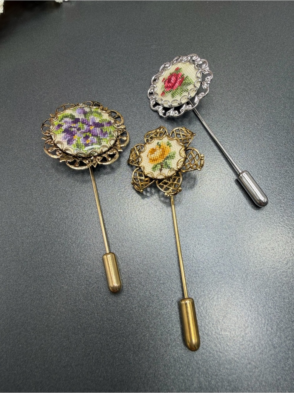 Vintage Petit Point  Gold-Tone Stick Pins  #1SP